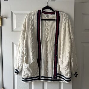 American Eagle Outfitters Cream Cardigan with Black and Red Trim
